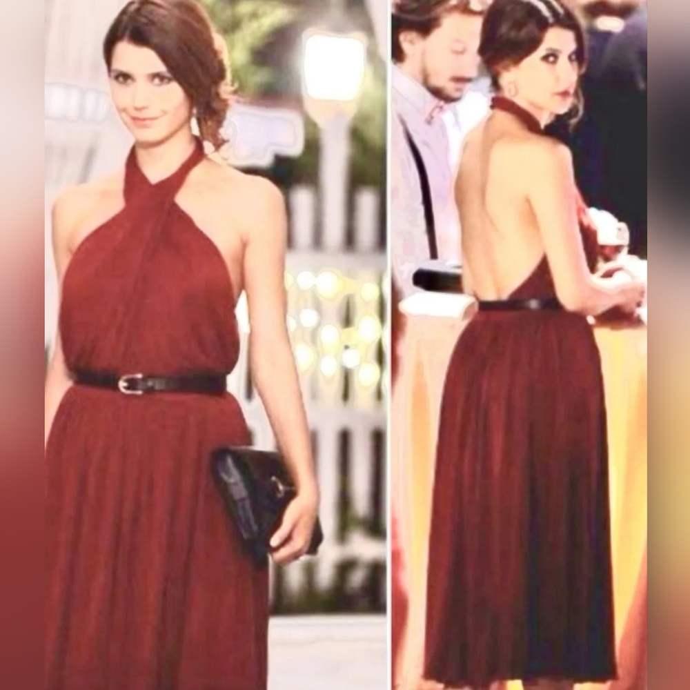 Authentic Gucci Red Halter Dress Size Large w/ Leather Bamboo Buckle Belt